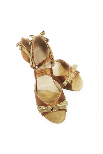 Танцевальные туфли для девочек (бежевый сатин + золото)